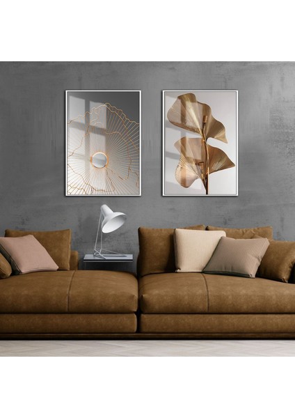 |sevilen Bronz Renk Yaprak Soyut Kombini|çerçeveli Cam Tablo 2li Dikey