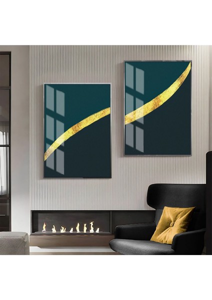 |yeşil-Gold Luxury Desenli Soyut Kombini 06|çerçeveli Cam Tablo 2li Dikey