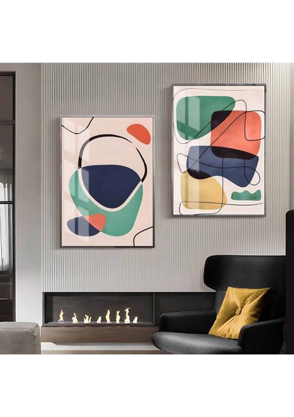 |mavi-Krem-Sarı Desenli Soyut Kombini 01 |çerçeveli Cam Tablo 2li Dikey