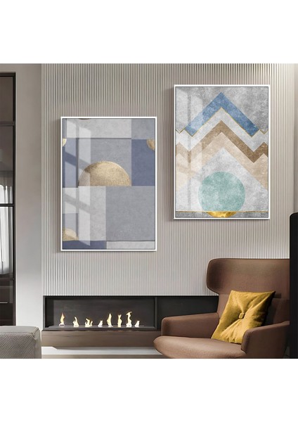 |mavi-Gri-Sarı Desenli Soyut Kombini 01 |çerçeveli Cam Tablo 2li Dikey