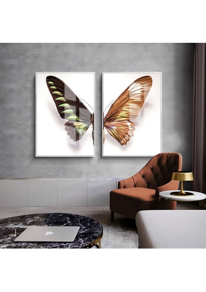 |beyaz-Gold Kelebek Kanatları Kombini 01 |çerçeveli Cam Tablo 2li Dikey