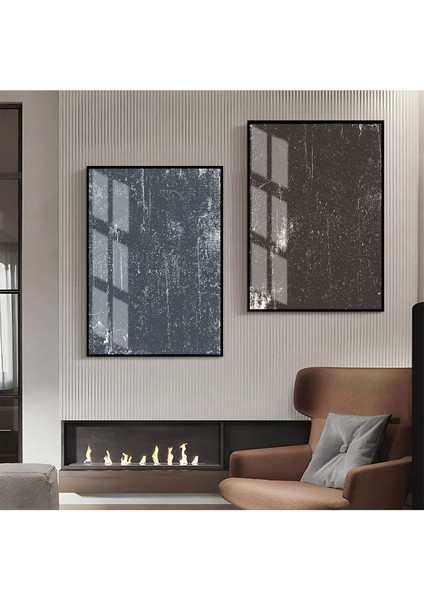 |mavi-Siyah Eskitme Desenli Soyut Kombini 1 |çerçeveli Cam Tablo 2li Dikey