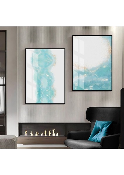 |mavi-Beyaz-Gold Desenli Soyut Kombini 1|çerçeveli Cam Tablo 2li Dikey