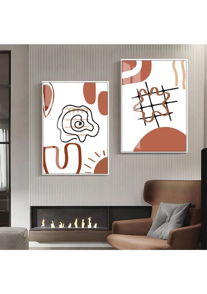 |kahve-Beyaz-Sarı Desenli Soyut Kombini 1|çerçeveli Cam Tablo 2li Dikey