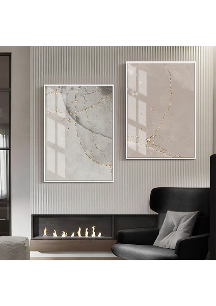 |gri-Gold Desenli Soyut Kombini 003 |çerçeveli Cam Tablo 2li Dikey