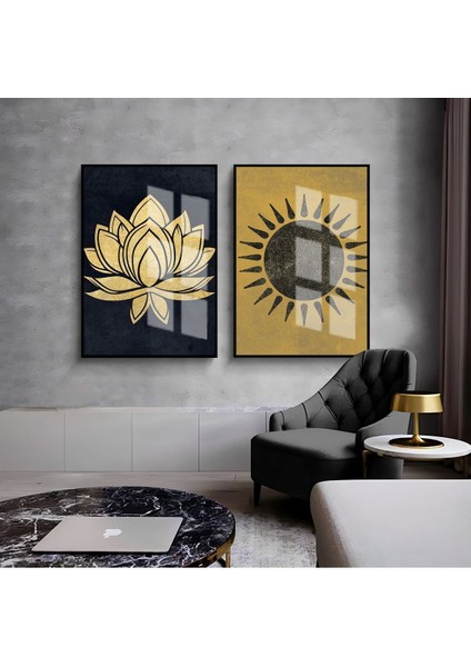 |gold-Siyah Güneş ve Lotus Çiçeği Kombini |çerçeveli Cam Tablo 2li Dikey