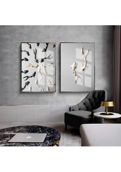 |gold-Siyah-Beyaz Balıklar Kombini 1 |çerçeveli Cam Tablo 2li Dikey