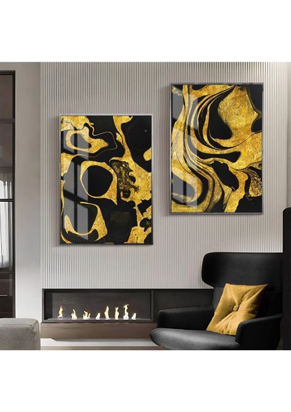 |siyah-Gold Desenli Soyut Kombini 02 |çerçeveli Cam Tablo 2li Dikey