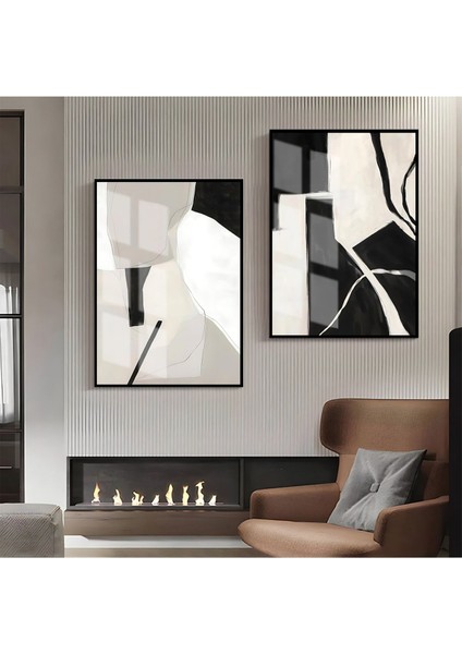 |gri-Krem -Siyah Soyutabstract Kombin 2 |çerçeveli Cam Tablo 2li Dikey
