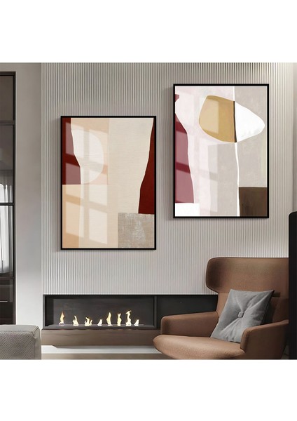 |bordo-Krem Soyut Abstract Kombin |çerçeveli Cam Tablo 2li Dikey