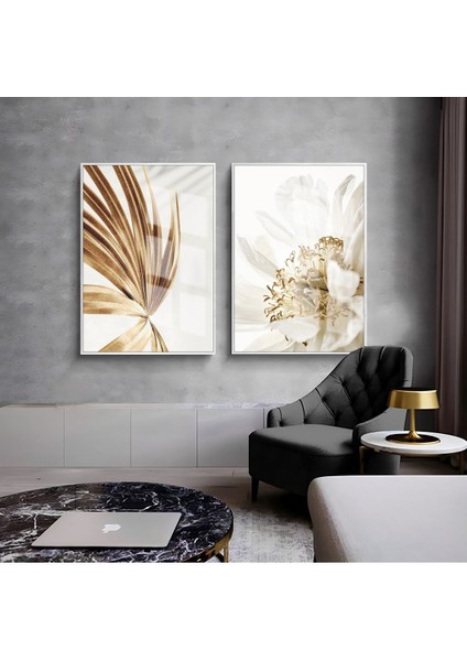 |gold-Beyaz Yaprak Çiçek Kombini 01 |çerçeveli Cam Tablo 2li Dikey