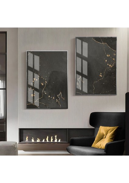|siyah-Gold Luxury Desenli Soyut Kombini 02 |çerçeveli Cam Tablo 2li Dikey