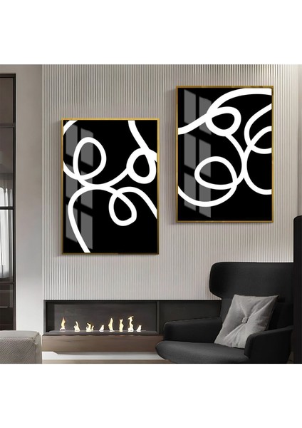 |siyah-Beyaz Soyut Şekiller Kombin 06 |çerçeveli Cam Tablo 2li Dikey