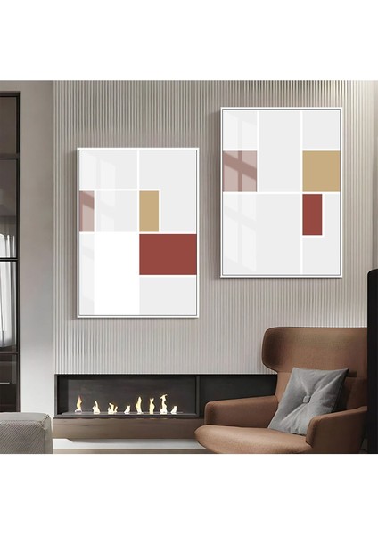 |gri-Kırmızı Desenli Soyut Kombini 01 |çerçeveli Cam Tablo 2li Dikey