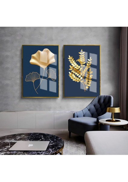|mavi-Gold Yaprak Kombini 01 |çerçeveli Cam Tablo 2li Dikey