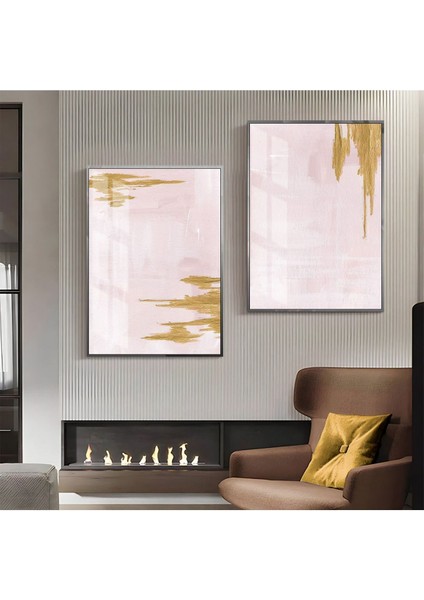 |pembe-Gold Desenli Soyut Kombini 02|çerçeveli Cam Tablo 2li Dikey
