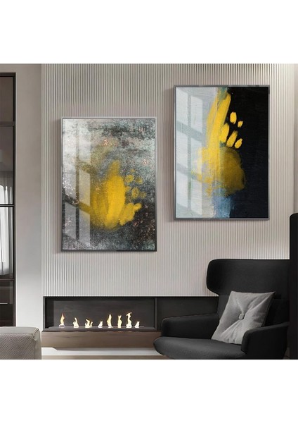 |gold-Gri-Siyah Desenli Soyut Kombini 01 |çerçeveli Cam Tablo 2li Dikey