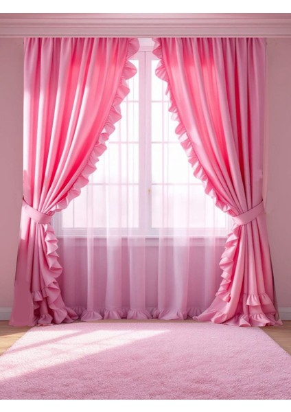 Fırfırlı Pembe Vintage Pamuk Keten Perde (En x Boy) - Tek Kanat fiyatları