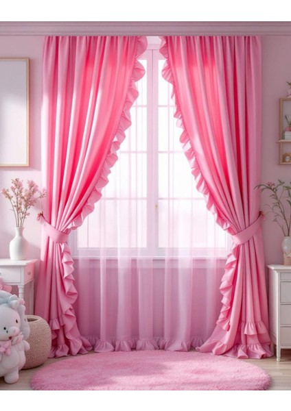 Fırfırlı Pembe Vintage Pamuk Keten Perde (En x Boy) - Tek Kanat