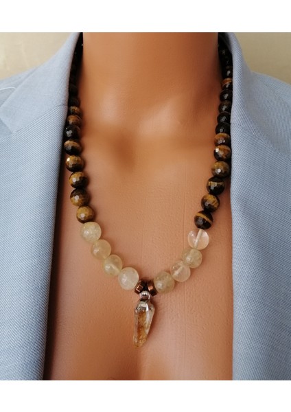 Kaplan Gözü Faset Kesim 10 mm ve Sitrin 10 mm Doğal Taş Kolye