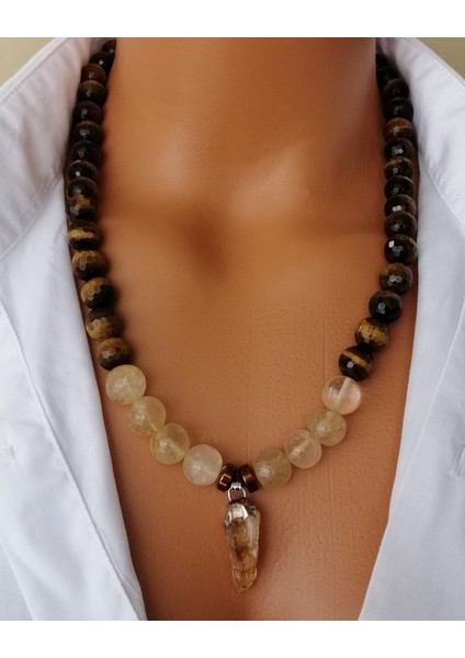 Kaplan Gözü Faset Kesim 10 mm ve Sitrin 10 mm Doğal Taş Kolye fiyatları