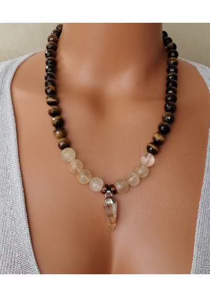 Kaplan Gözü Faset Kesim 10 mm ve Sitrin 10 mm Doğal Taş Kolye modelleri