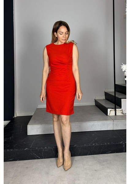 G0987 Drapeli Kolsuz Elbise Nar Çiçeği fırsatları