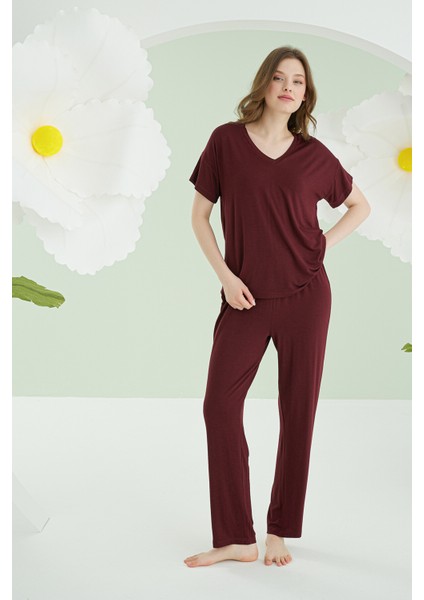 Bordo Modal V Yaka Pijama Takımı