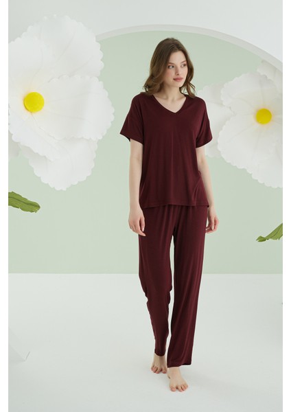 Bordo Modal V Yaka Pijama Takımı