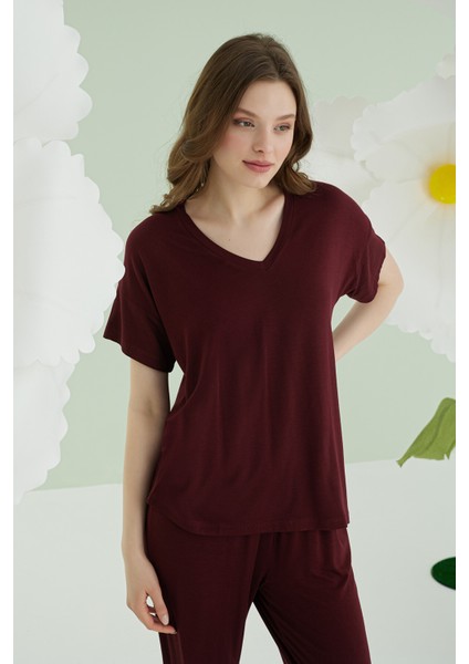 Bordo Modal V Yaka Pijama Takımı