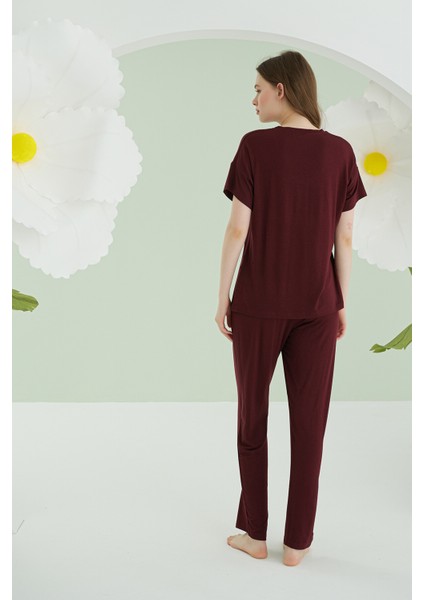 Bordo Modal V Yaka Pijama Takımı