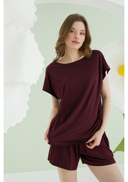 Bordo Aria Viskon Şortlu Pijama Takımı