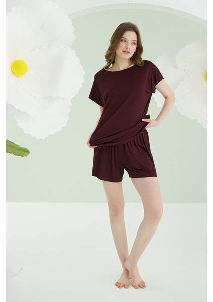 Bordo Aria Viskon Şortlu Pijama Takımı