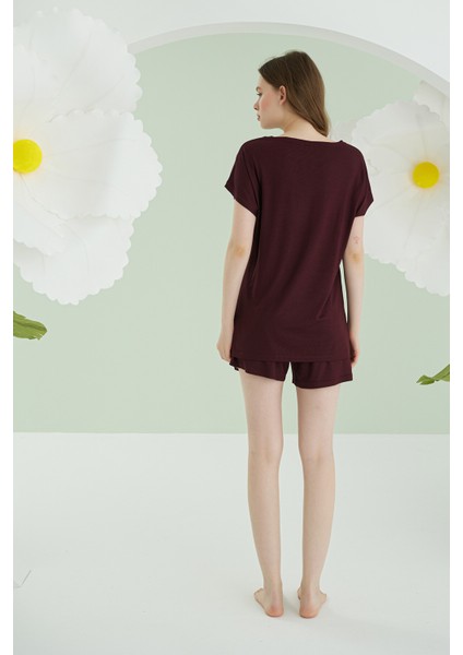 Bordo Aria Viskon Şortlu Pijama Takımı