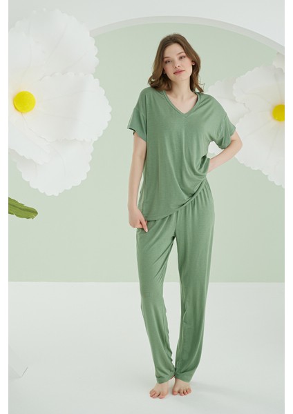 Yeşil Modal V Yaka Pijama Takımı