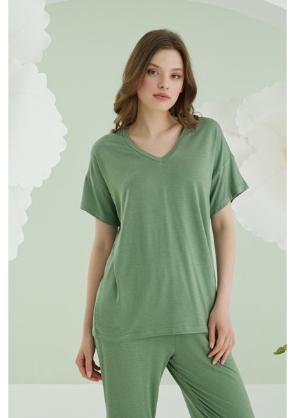 Yeşil Modal V Yaka Pijama Takımı fiyatları