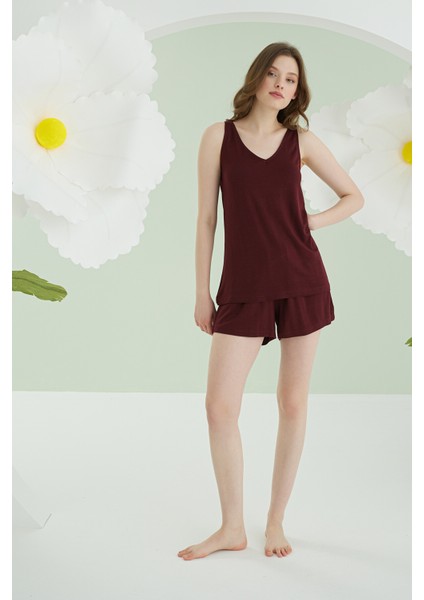 Bordo V Yaka Şortlu Pijama Takımı