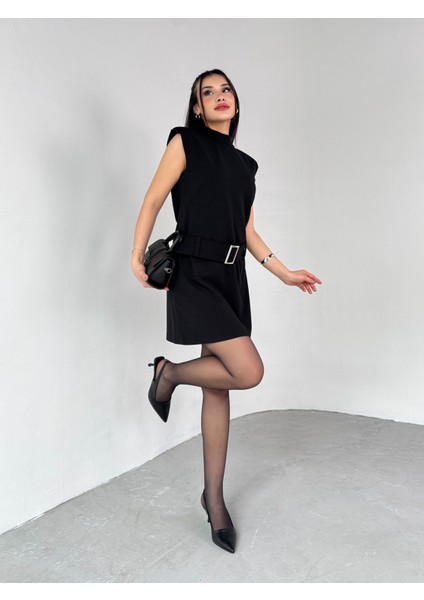ELB-01750 Siyah Vatkalı Kemerli Dik Yaka Mini Elbise modelleri