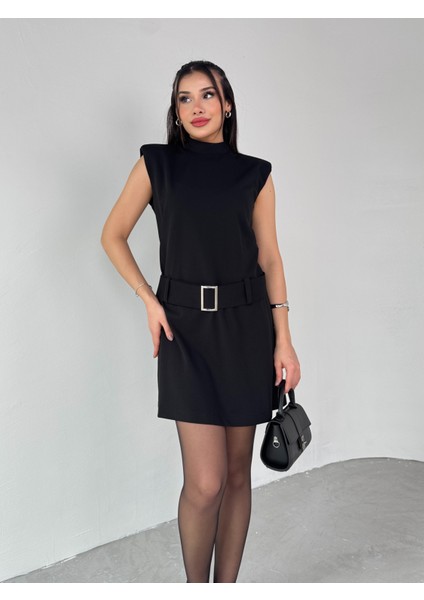 ELB-01750 Siyah Vatkalı Kemerli Dik Yaka Mini Elbise indirimleri