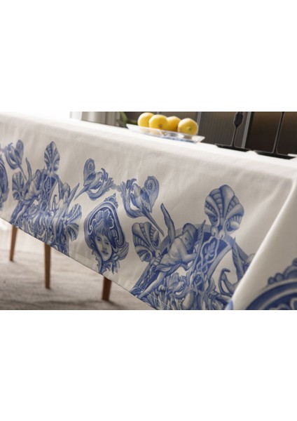 Pamuk-Keten Masa Örtüsü 150 x 250 cm Krem-Mavi fırsatları