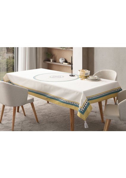 Püskül Detay Pamuk-Keten Masa Örtüsü 150 x 250 cm Krem-Hardal