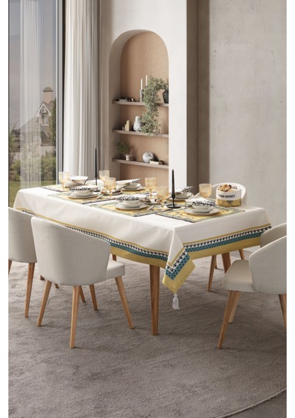 Püskül Detay Pamuk-Keten Masa Örtüsü 150 x 250 cm Krem-Hardal fırsatları
