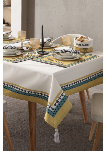 Püskül Detay Pamuk-Keten Masa Örtüsü 150 x 250 cm Krem-Hardal indirimleri
