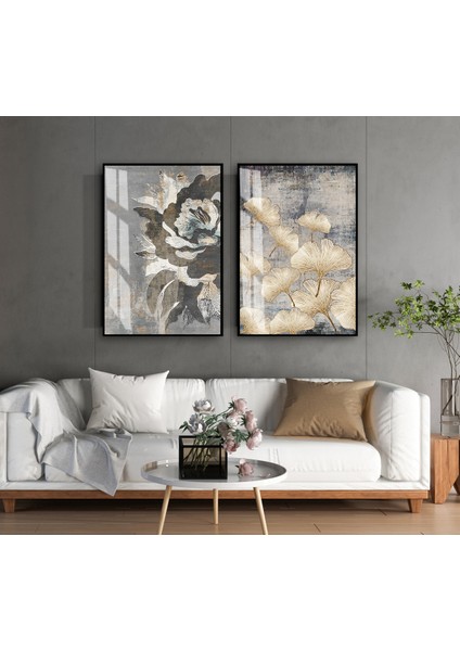 |gri-Krem Çiçekli Soft Kombin|temperli Çerçeveli Cam Tablo 2li Dikey