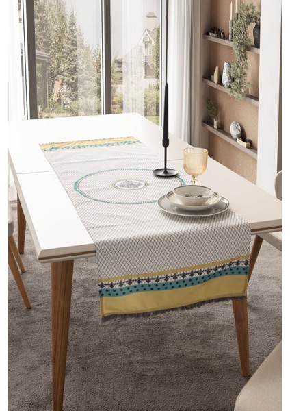 Şerit Püskül Detay Pamuk-Keten Runner 45 x 140 cm Krem-Hardal