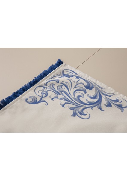 Şerit Püskül Detay Pamuk-Keten Runner 45 x 140 cm Krem-Mavi fiyatları