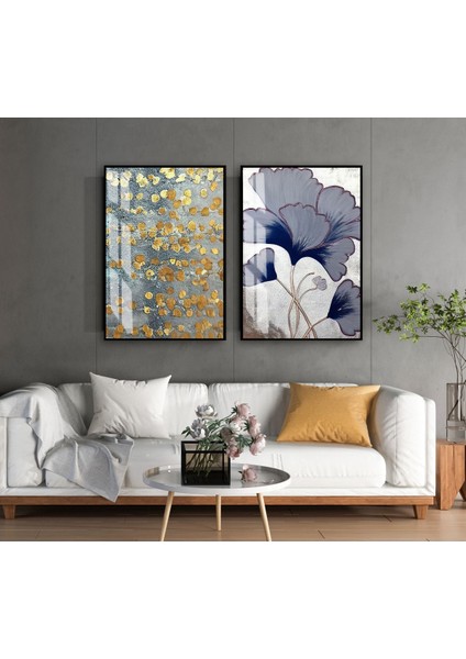 |soft Lacivert-Gold Soyut Çiçek Kombini |temperli Çerçeveli Cam Tablo 2li Dikey