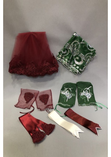 Bordo Gelin Duvağı Damat Örtüsü ve Takı Kurdele Seti
