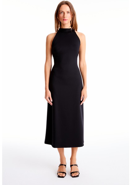 Siyah Danys Slim Fit Midi Boy Elbise