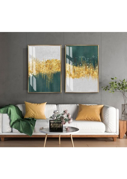 |gold-Yeşil Soyut Desenli Minimal Kombini |temperli Çerçeveli Cam Tablo 2li Dikey